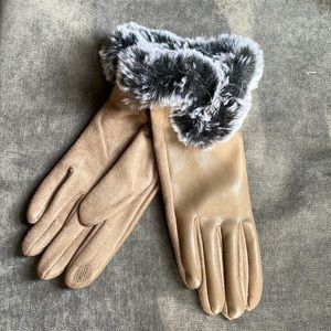 Mocha colored faux leather fashion gloves featuring gray faux fur accent trim